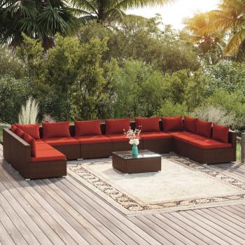11 Piece Outdoor Lounge Set in Poly Rattan with Brown Cushions