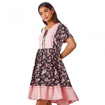 Roman Women's Comfortable Short Sleeve Knee Length Floral Border Print Smock Dress