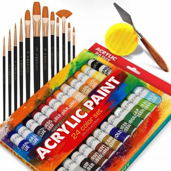 Acrylic Paint Set – 24 Vibrant Colors – 15 Brushes & Accessories – Quick Dry & Non-Toxic