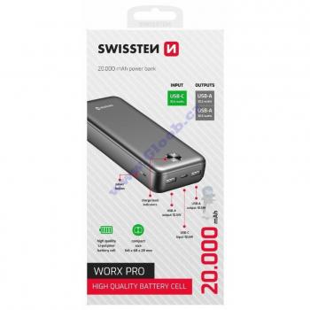 Swissten Powerbank 20000 mAh – Worx Pro Black, 10,5 W, LED-Anzeige