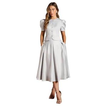 Women's Coastal Satin Pleat Midi Skirt (Silver)