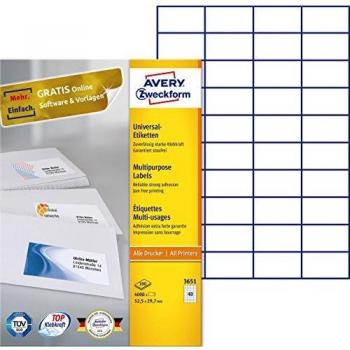 Avery Zweckform 3651 All-Purpose Labels 52.5 x 29.7 mm White 4000 Labels Permanent Adhesive