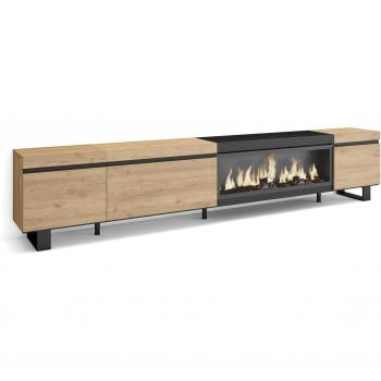 Skraut home Meuble tv effet bois chêne et noir 288x35x57cm cheminée effet feu XXL