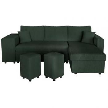 Canapé d'angle convertible avec coffre et poufs en velours
