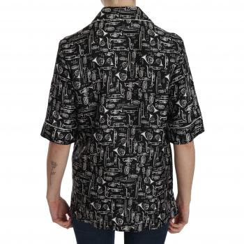 Dolce & Gabbana Black Silk Top with Musical Instrument Print