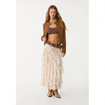 Stradivarius Ecru Ruffled Midi Skirt (XS) – Printed Design