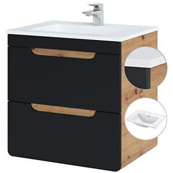 Waschtischunterschrank 60 cm mit Keramikbecken NEW-LUTON in seidenmatt anthrazit und Wotan Eiche Nb