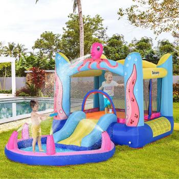 Outsunny Kids Bounce Castle House Inflatable Trampoline Slide Water Pool 3 in 1 with Inflator for Kids Age 3-12 Octopus Design 3.8 x 2 x 1.8m