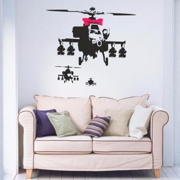 Vinilo para Pared 3 Helicópteros y Lazo Rosa Negro Estilo Banksy
