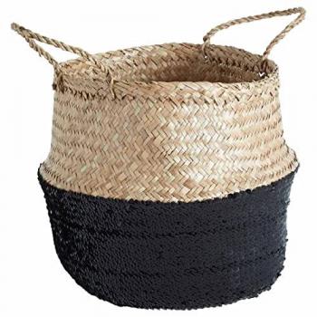 Premier Housewares Small Natural Black Seagrass Storage Basket with Handles – 30 cm