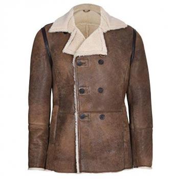 Premium Men’s Double‑Breasted Shearling Pea Coat, Valencia, Tan, XL 2X