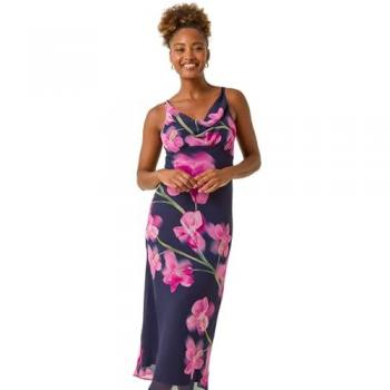 Roman Blue Navy Floral Cowl-Mid Length Dress