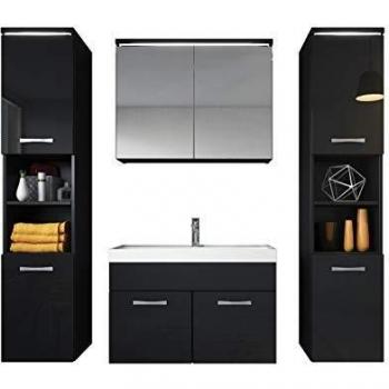 Mobile da bagno Paso XL 80cm, Nero Lucido, Armadio Mobiletto Lavabo