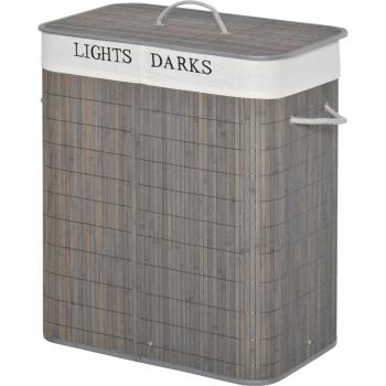 Cesto Ropa Sucia Bambú HOMCOM, 100L, Tapadera Extraíble, 2 Compartimentos, Medida 52x32x63cm, Tono Gris