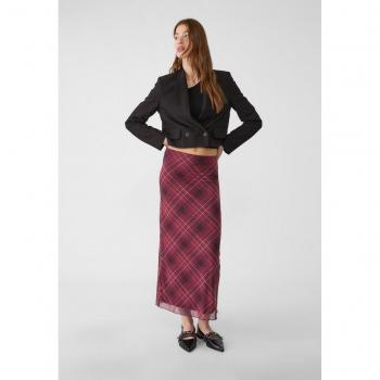 Burgundy Tulle Midi Skirt with Check Pattern XL