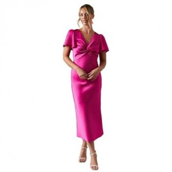 Oasis Women's Bright Pink Satin Midi Dress with Angel Sleeves