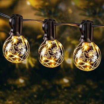 Schwarze 10m LED Lichterkette mit 25 G40 Tropfen, Kupferkabel, IP44, geeignet für Innen und Außen, verlängerbar, Netzteil mit Timerfunktion