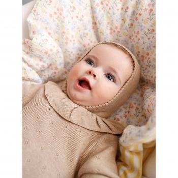 Beige Knitted Baby Outfit with Bonnet