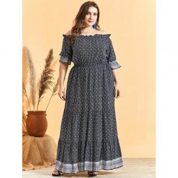 Short Sleeve Boho Dress with Slash Neck for Women