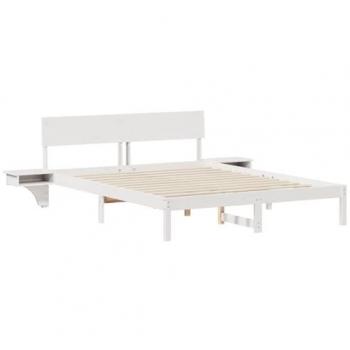Lit avec tête de lit intégrée, tables blanches en pin – 150 x 200 cm