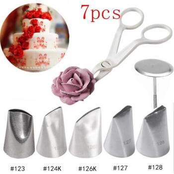 Ensemble de 7 buses de glaçage en pétales de rose avec ciseaux à fleurs et support à gâteau