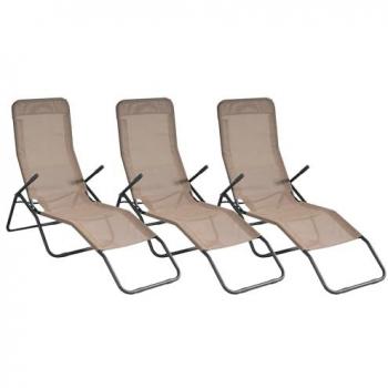 Set 3 sedie sdraio pieghevoli: ferro + tessuto tortora – dimensioni 134x58x107 cm