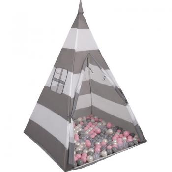 Tenda Indiana 400 Palline Colorate – Righe Grigio-Bianco con Perla e Rosa Chiaro