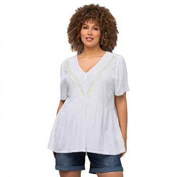 Ulla Popken Damen Bluse in großen Größen, Viskose, weiß, 46/48, mit Spitzenband