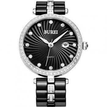 BUREI Damen‑Quartz Uhr – Keramikarmband, Diamantschmuck, Datum und Kalender