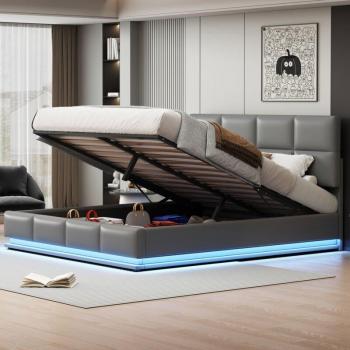 Letto Intelligente 180x200 in Contenitore con Illuminazione Led Colorata e Sollevamento Idraulico – Senza Materasso, Grigio Chiaro