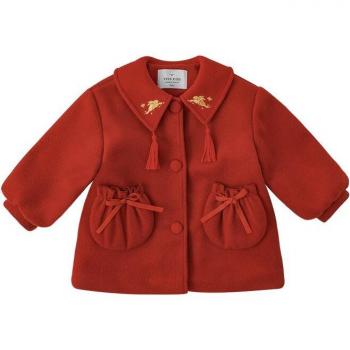 Girls' Embroidered Woolen Winter Coat with Bow, Windproof Lantern Sleeve