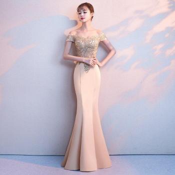 Full Length Off Shoulder Cheongsam Dress with Appliques