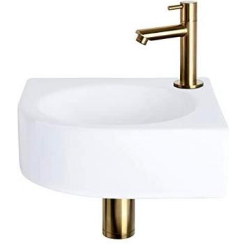 Differnz Cleo Set lave-mains 30x30x10cm 1 trou avec robinet droit et siphon + bonde or mat Quart de rond Céramique Blanc