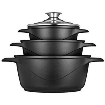 Induction-Compatible 6‑Piece Aluminum/Cast Iron Cookware Kit – 3 Sauce Pots + Lids, SMILE MGK‑18 Black, 1004673