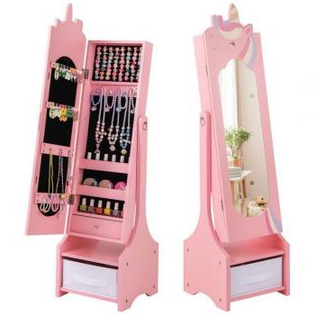 Kinder-Schmuckmöbel „COSTWAY“ – Spiegelschrank mit Aufbewahrungskorb, rosa Finish