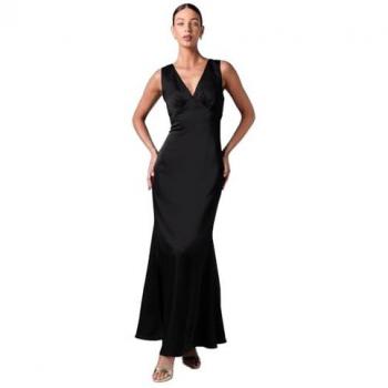 Elegant Black Bow-Back V-Neck Satin Bridal Bridesmaid Dress