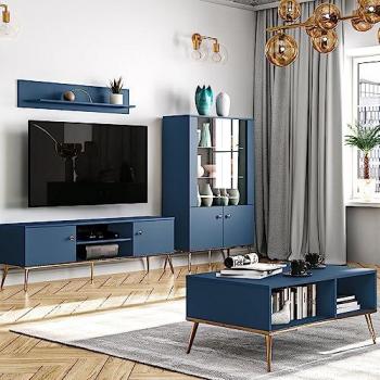 Moderne Wohnwand MONTPELLIER-131, dunkelblau, 4-teilig mit Couchtisch