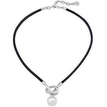 Collar de plata y cuero negro con perla Majorica