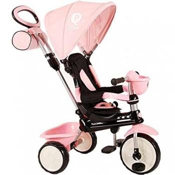 QPLAY Kinder Luxus-Dreirad Buggy Comfort 4-in-1, 10/8 Zoll, Rosa, UV‑Dach & Freilauf-Lenker