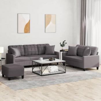 Ensemble de canapés 3 pièces similicuir gris avec coussins