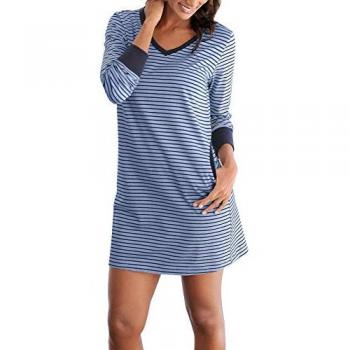 HIS Frauen-Nachtgewand Blau, Single Jersey, Rippbündchen, Ringeltasche