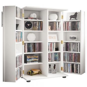VCM Engalo XL låsbar CD-hylla – 2 dörrar, 20 hyllplan, vit trä, måtten 60x93x31 cm