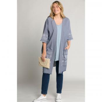 Giacca a kimono in misto cotone e lino ecologico con ricami, orli sfrangiati, taglia comoda 64/66, blu, Ulla Popken