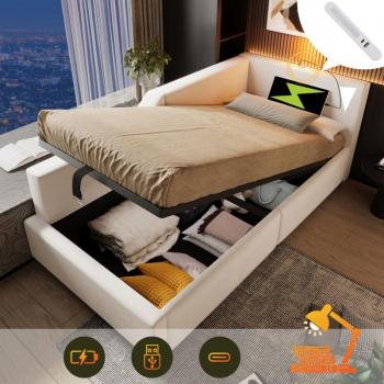 Lit Rembourré 90x190cm avec Espace de Rangement et Fonction Lampe