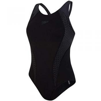 Speedo Women's Placement Laneback Swimsuit, Black/Oxid Grey, 42 (UK 20)