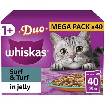 Whiskas 1+ Duo Surf & Turf Mixed Adult Wet Cat Food Pouches in Jelly 120 x 85g