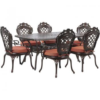 Table ronde de jardin avec 6 chaises et coussins orange