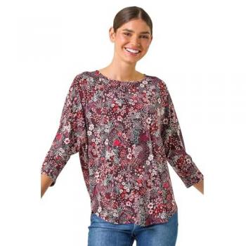 Haut Rouge à Fleurs Ditsy avec Texture Élastique