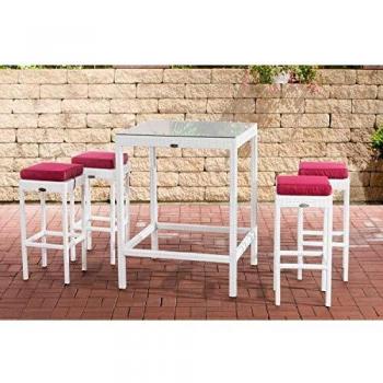 CLP Polyrattan Bar-Set Alia, Gartenmöbel mit Tisch und 4 Barhockern, Kissen in Rubinrot