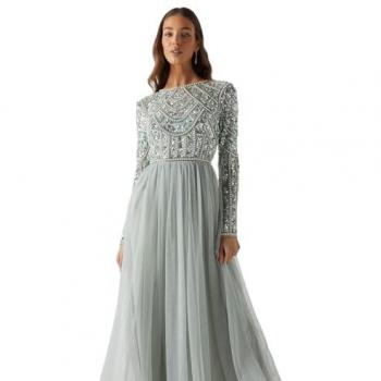 Sage Green Sequin Bodice Maxi Bridesmaid Dress with Tulle Skirt (UK 16)